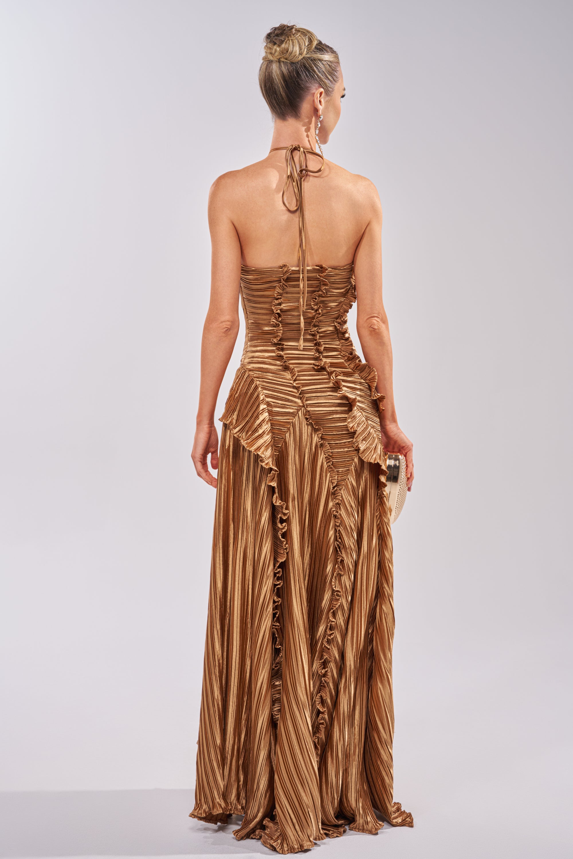 CELESTE RUFFLE MAXI DRESS IN BRONZE AKIRA CELESTE RUFFLE MAXI DRESS IN BRONZE AKIRA