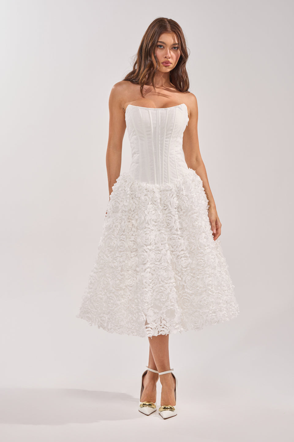 white corset midi dress with sleeves Cap Sleeve A Line Corset Midi Dress White