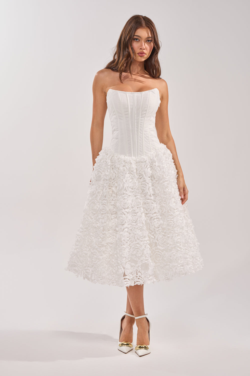 FIND ME LATER FLORAL CORSET MIDI DRESS IN WHITE AKIRA FIND ME LATER FLORAL CORSET MIDI DRESS IN WHITE AKIRA