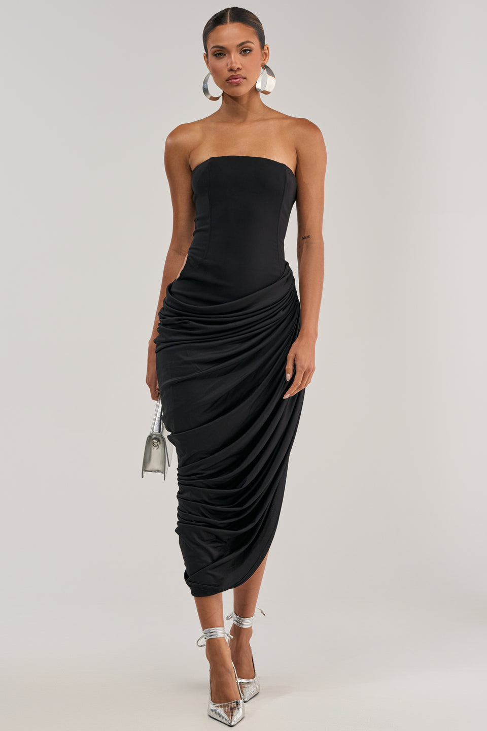 AKIRA Bold Moves Strapless Lace Up Midi Dress | Black