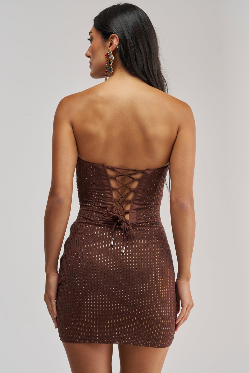 FULL GLAM RHINESTONE MINI DRESS IN BROWN – AKIRA