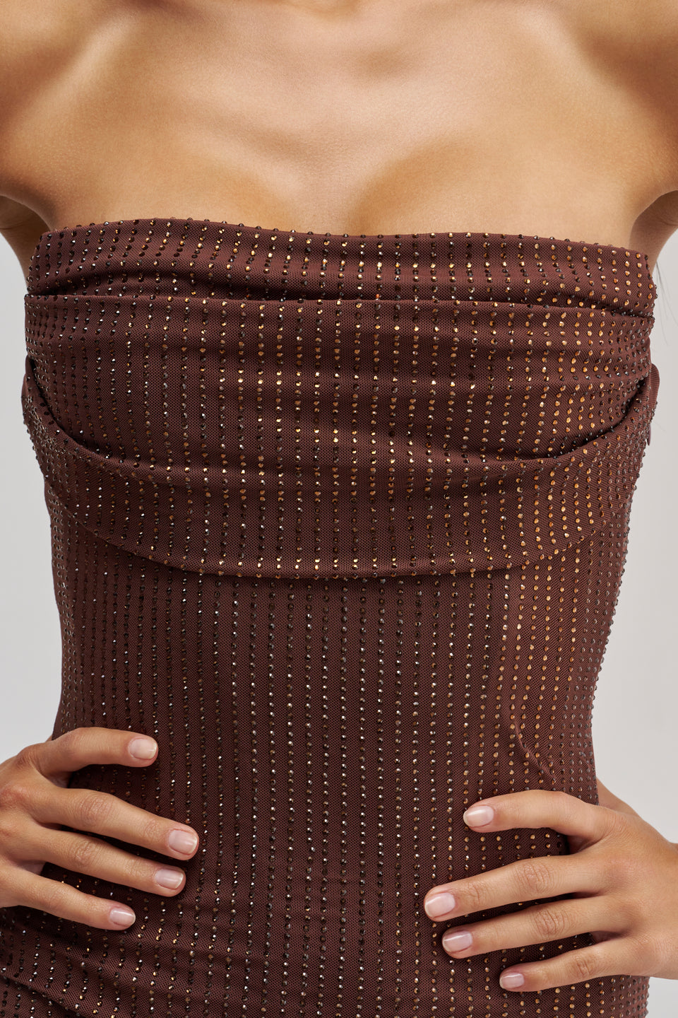 FULL GLAM RHINESTONE MINI DRESS IN BROWN