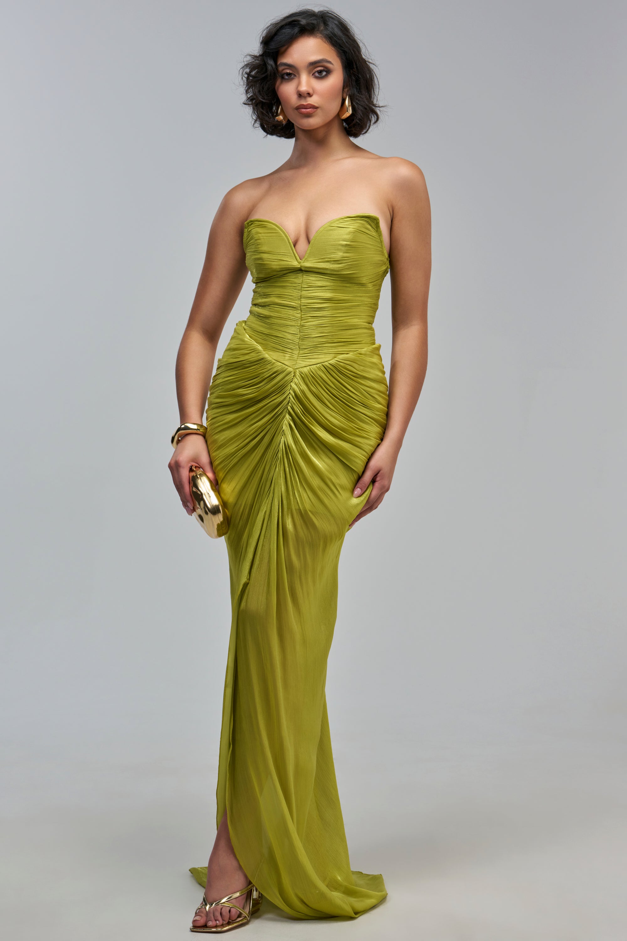LITTLE PETAL RUCHED MAXI DRESS IN CHARTREUSE: a strapless, chartreuse ruched maxi dress with a fitted bodice and a floor-length skirt.