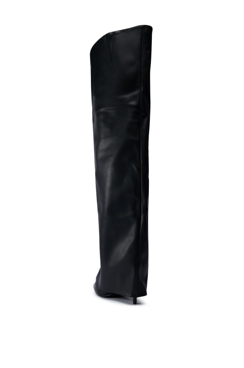 Side view of the AZALEA WANG AGUILAR Black Thigh High Suspender Boot featuring a sleek faux leather finish, pointed toe, and thin stiletto heel against a white background.