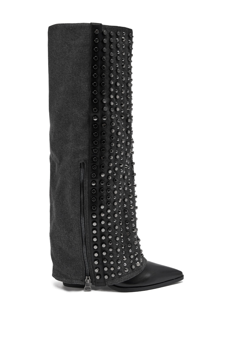 The AZALEA WANG AGUSTUE BLACK STUDDED WESTERN BOOT features a knee-high denim design, pointed toe, side zipper, and a studded front panel—bringing bold style to any look.