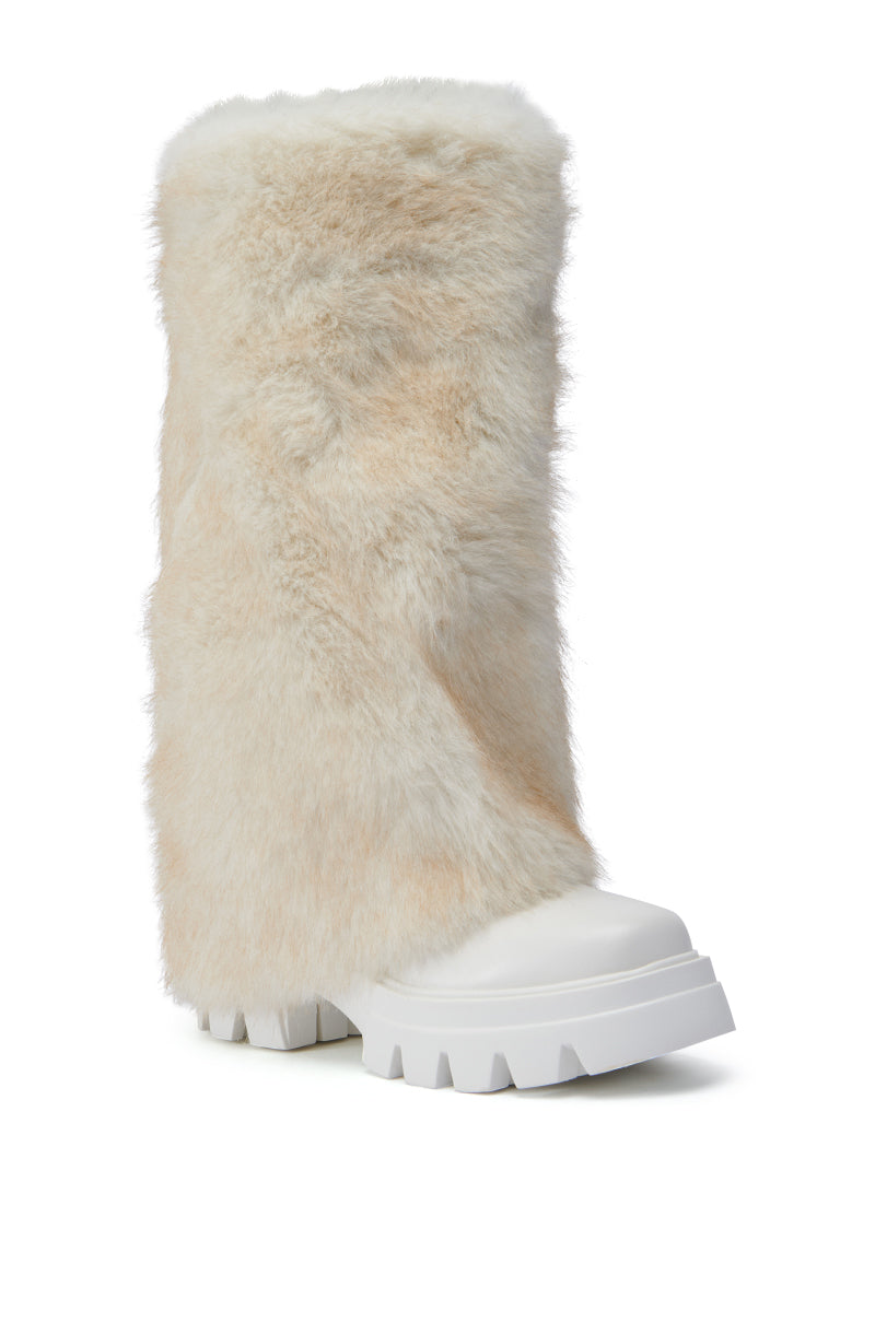 Displayed on a white background is the AZALEA WANG ASHOKA WHITE FUZZY FLATFORM MID CALF BOOT, showcasing a light beige hue with a fluffy exterior and complemented by a robust white sole that perfectly blends style and functionality.