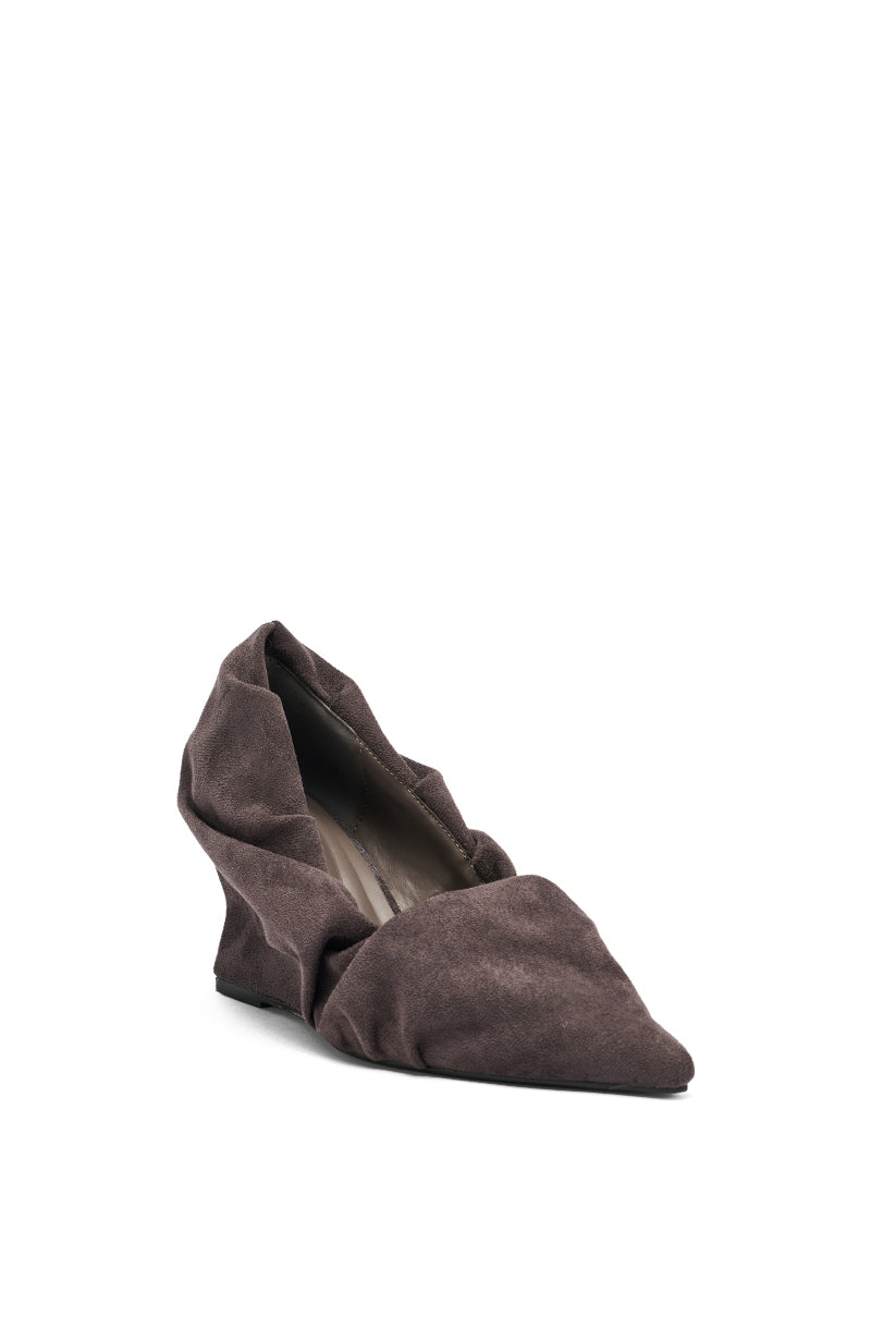 The AZALEA WANG AICHA Faux Suede Gray Ruched Wedge Pump is a women’s shoe with a pointed toe and ruched upper, featuring gathered sides. Photographed against a white background. 4
