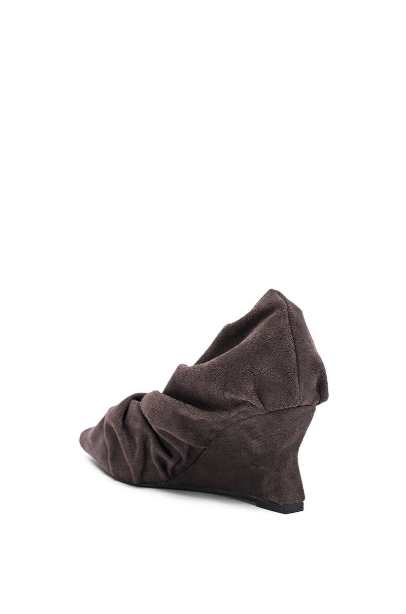The AZALEA WANG AICHA Faux Suede Gray Ruched Wedge Pump features a pointed toe and gathered slouchy design, shown from a rear side angle on a white background. 5