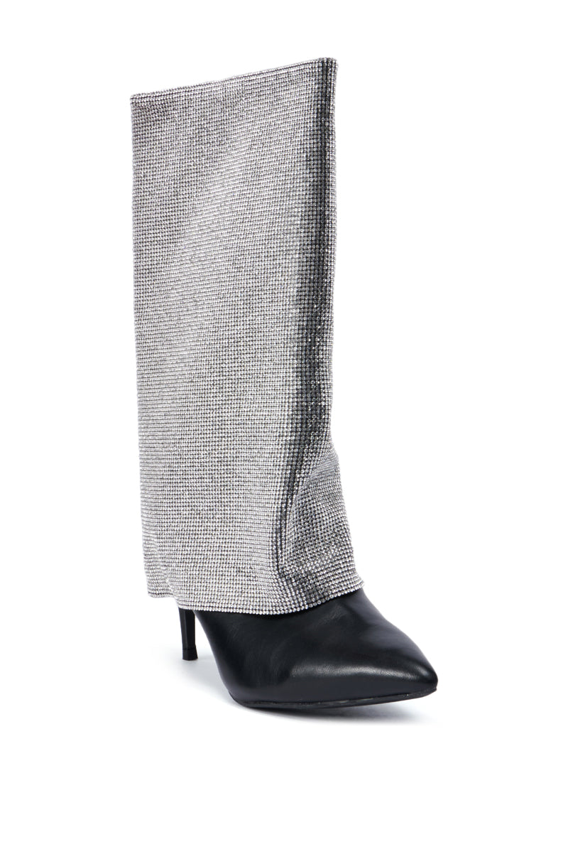 The AZALEA WANG AISLING BLACK SPARKLE COVERED HEEL BOOT features a single high-heeled design with a sleek black pointed toe and distinctive gray textured fabric that envelops the ankle and calf. The loosely draped fabric elegantly complements the sleek stiletto heel for an exquisite look. 3