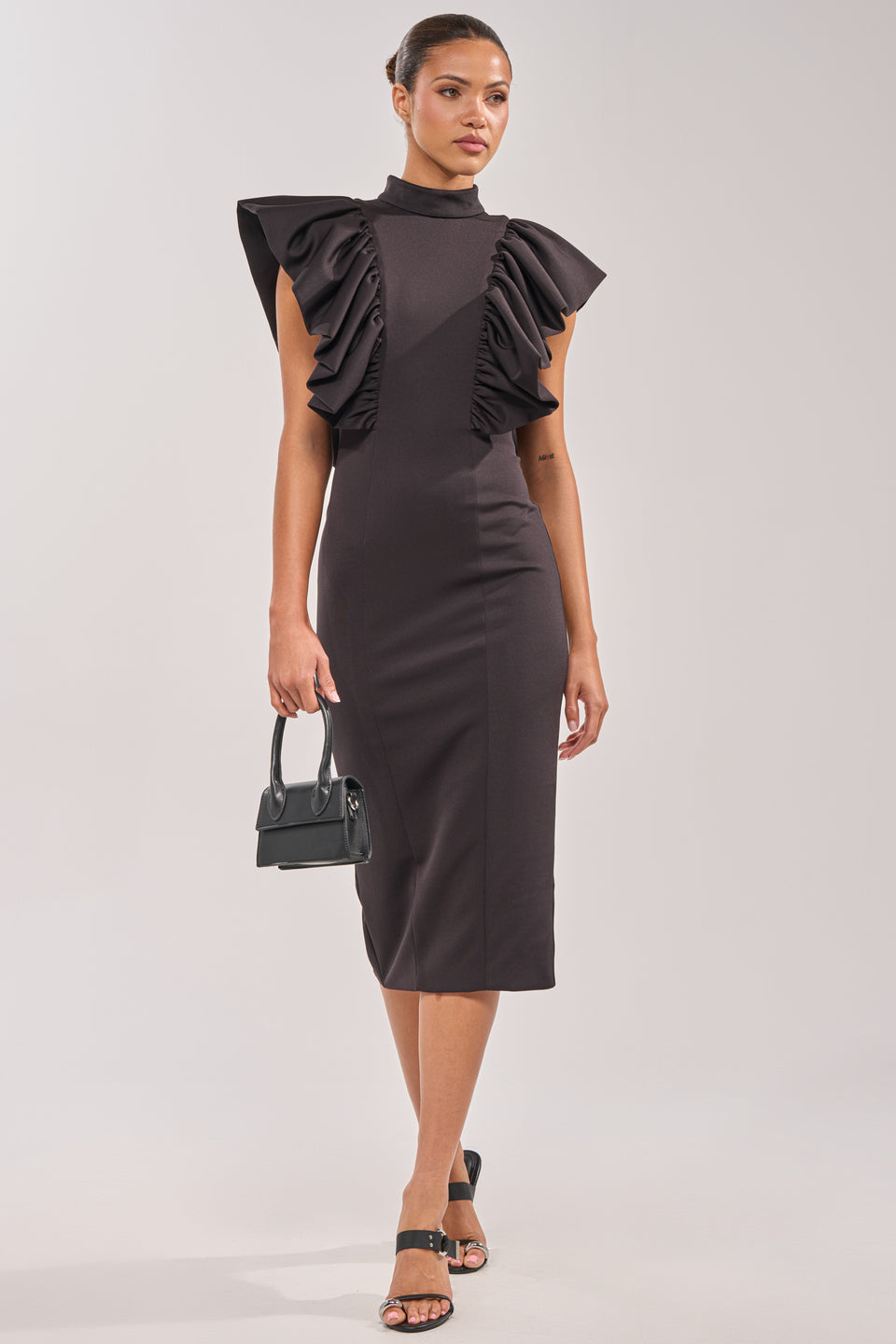 black ruffle sleeve midi dress Black Ruffle Sleeve Mermaid Hem Maternity Midi Dress PinkBlush