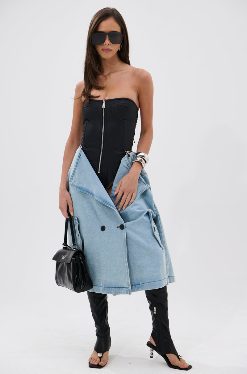 BUSINESS IN THE FRONT DENIM BLAZER MIDI DRESS