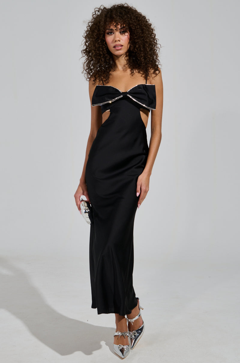 PUT A BOW ON IT SATIN MAXI DRESS IN BLACK AKIRA PUT A BOW ON IT SATIN MAXI DRESS IN BLACK AKIRA