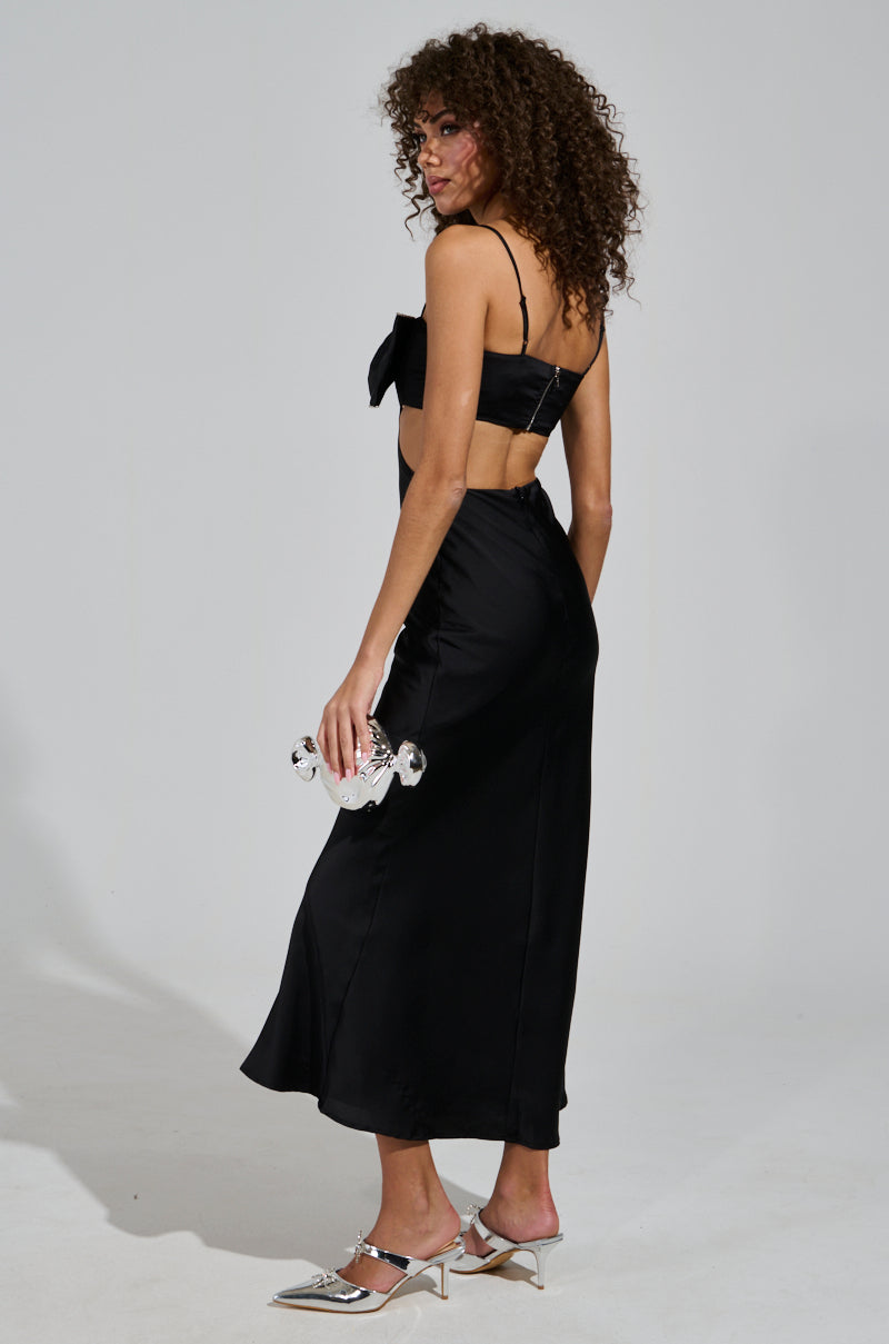 PUT A BOW ON IT SATIN MAXI DRESS IN BLACK AKIRA PUT A BOW ON IT SATIN MAXI DRESS IN BLACK AKIRA