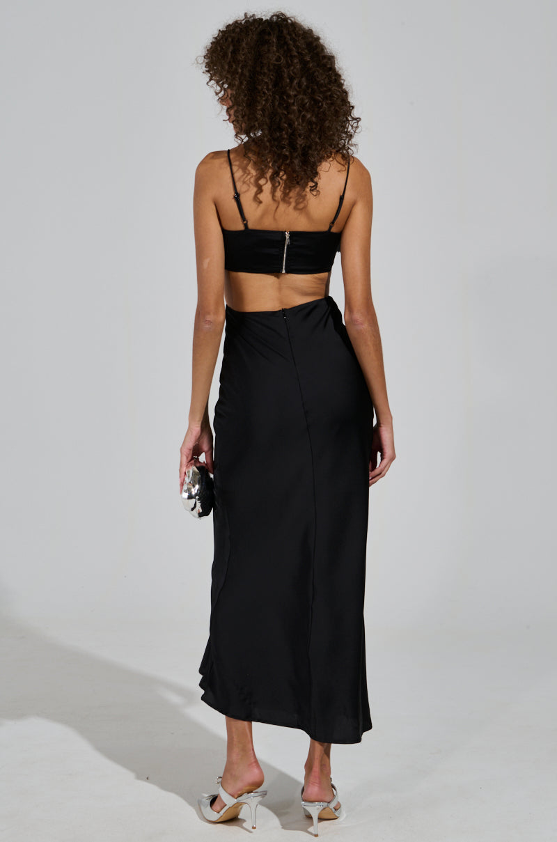 PUT A BOW ON IT SATIN MAXI DRESS IN BLACK AKIRA PUT A BOW ON IT SATIN MAXI DRESS IN BLACK AKIRA