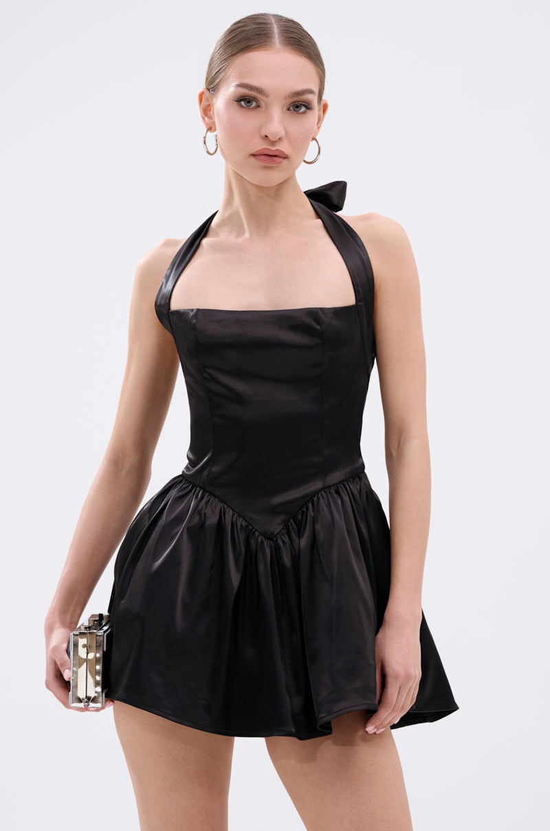 LIKE DAYLIGHT SATIN MINI DRESS IN BLACK AKIRA LIKE DAYLIGHT SATIN MINI DRESS IN BLACK AKIRA