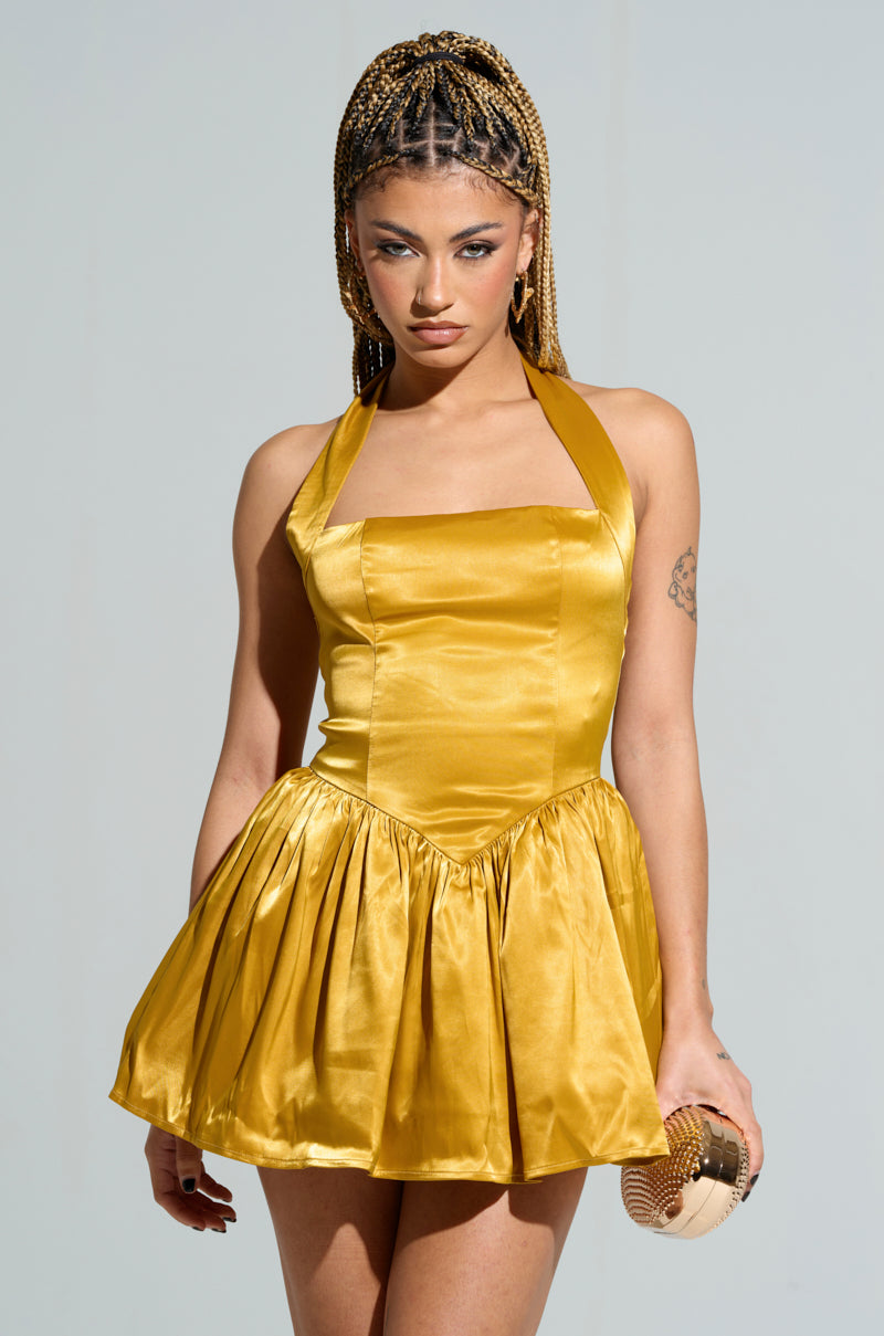 slim fit dress slacks GOLDEN LIKE DAYLIGHT SATIN MINI DRESS – AKIRA
