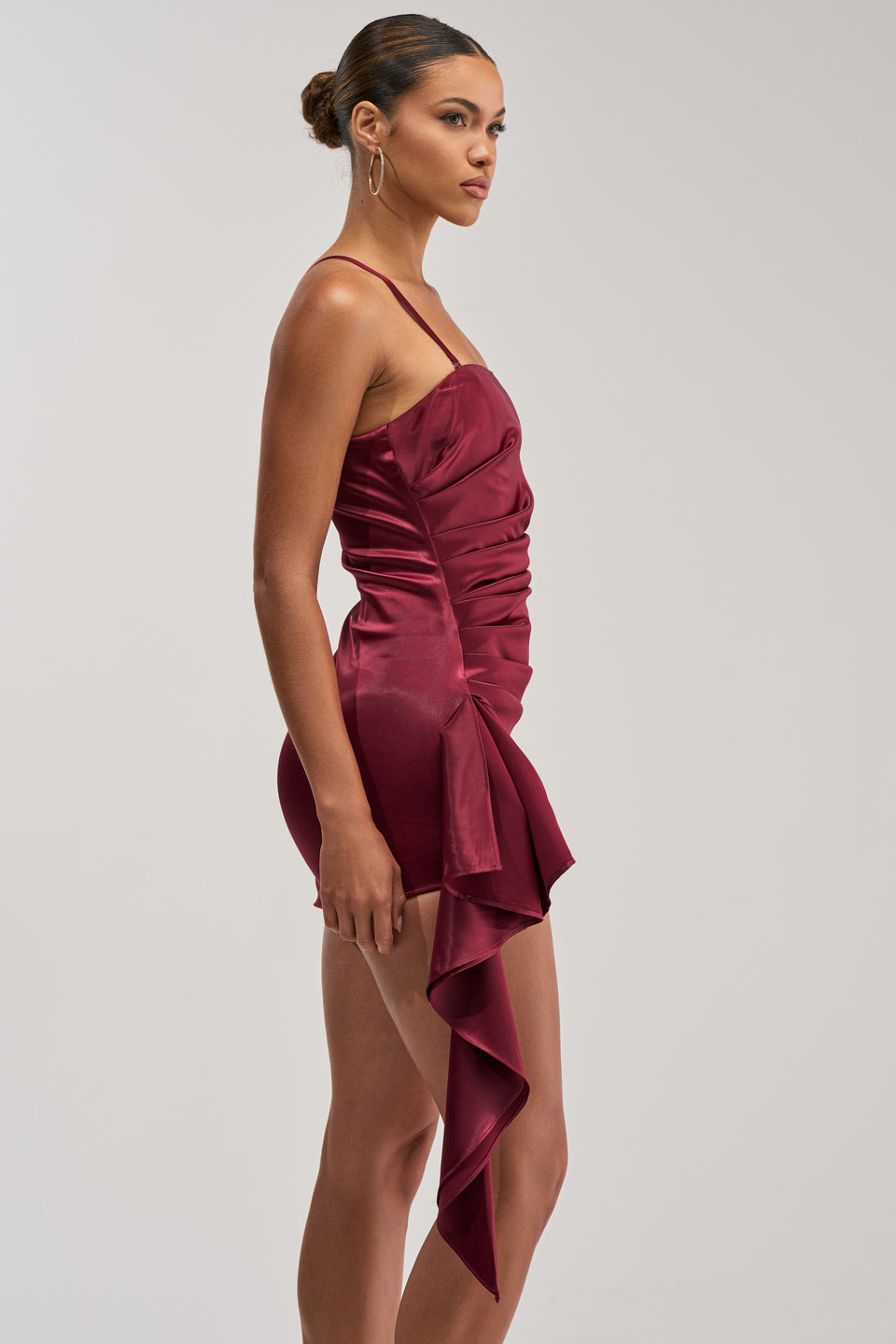 TWIRL ME TWICE SATIN MINI DRESS IN BURGUNDY