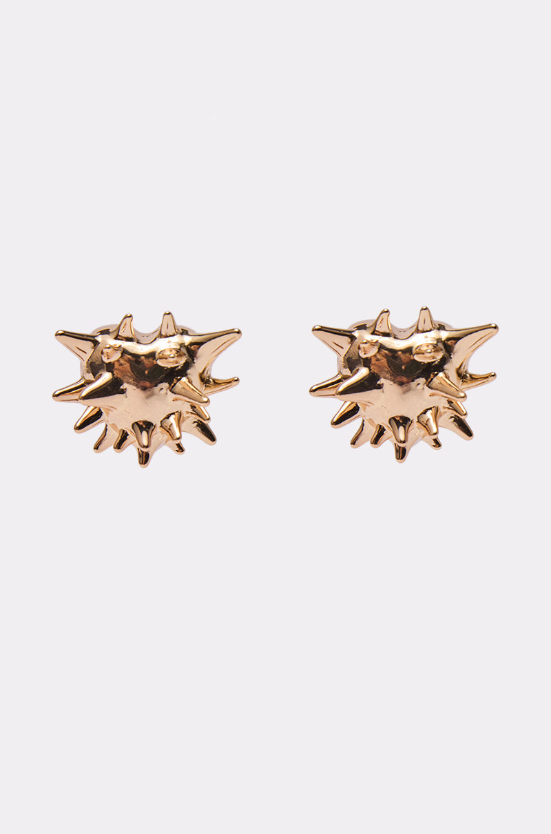 The TOUCH ME I DARE U EARRING is a shiny gold-tone pair, shaped like abstract spiky sea urchins and displayed on a plain white background. 0