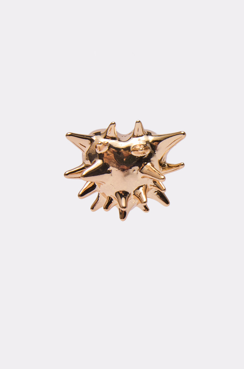 The TOUCH ME I DARE U EARRING is a shiny, gold-toned spiky piece resembling modern art, photographed centered on a plain white background. 3