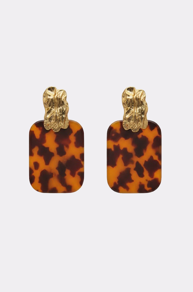RICH RICH EARRING: Rectangular tortoiseshell acrylic statement earrings with textured gold-toned tops, shown on a plain light background.