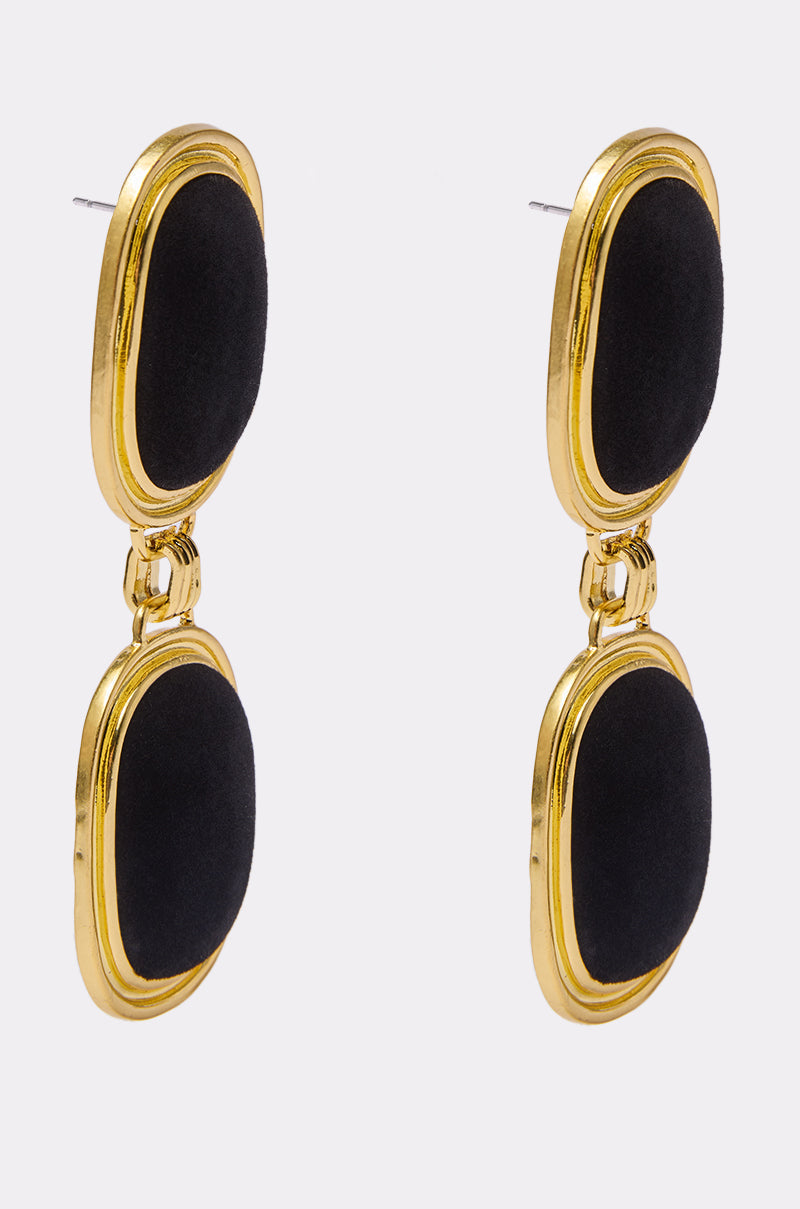 The ART DECO EARRING features gold-tone drop earrings with two linked ovals, each with a smooth black center, creating an elegant geometric look. 2