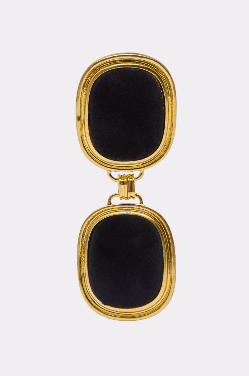Rectangular sunglasses with thick gold frames and dark lenses, displayed closed on a plain background—an ideal match for the ART DECO EARRING, perfect for a vintage-inspired look. 3