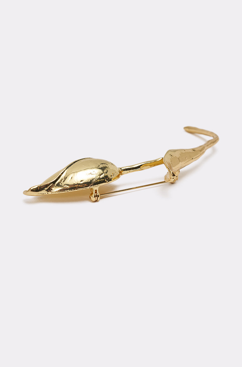 The SPRINGY BROOCH is a gold-tone mouse-shaped brooch with a long tail and pin clasp, shown on a plain light background. 2