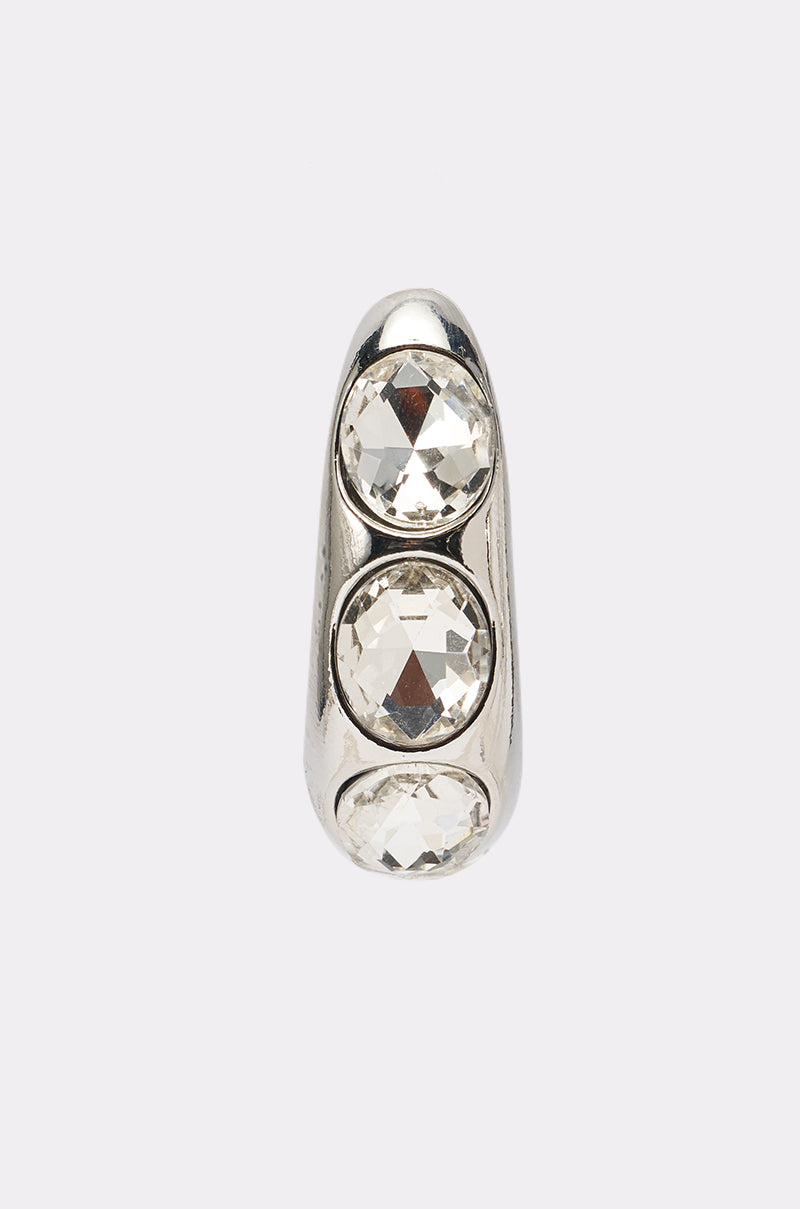 KELYN EARRING: Silver hoops with three large, round, clear gemstones set vertically—displayed on a plain white background, perfect for a chic, coordinated style. 4
