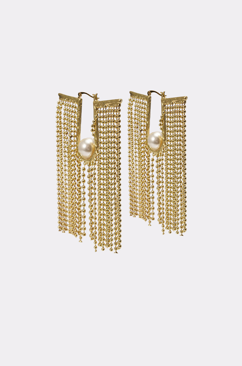 The U DONT GET IT EARRING features gold-tone fringe drop chains with a central pearl accent, displayed on a plain white background. 2
