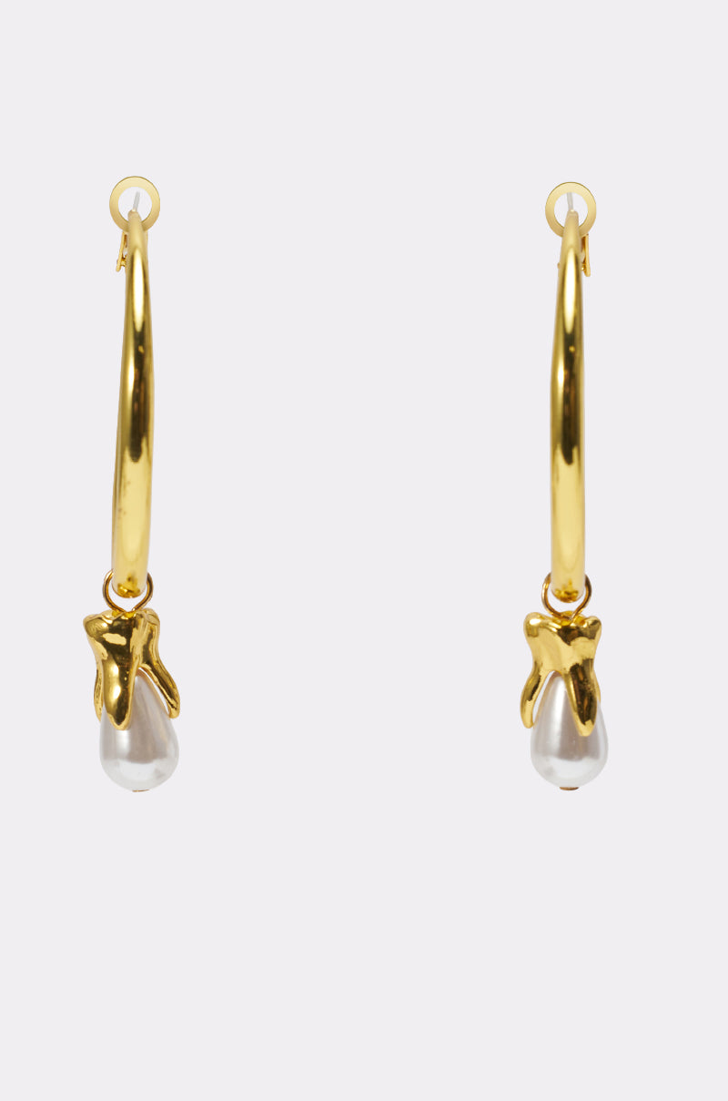 GENUINE EARRING: Elegant gold hoop earrings featuring a dangling teardrop-shaped pearl and a small gold accent above each pearl, displayed on a plain white background. 2