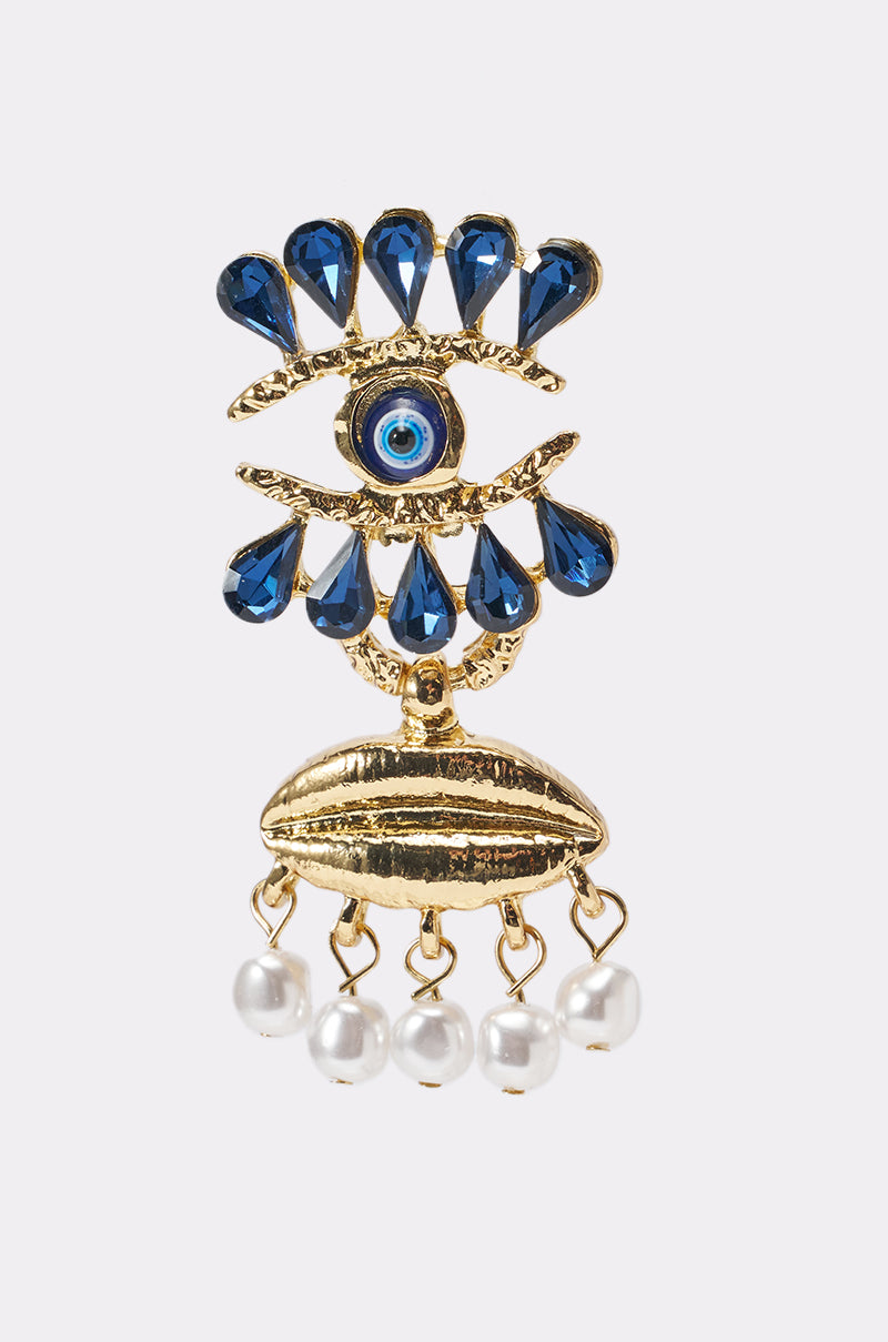 The TWO FACED EARRING features gold and blue accents with dangling pearls—a striking pair perfect for making a statement at festivals. 2