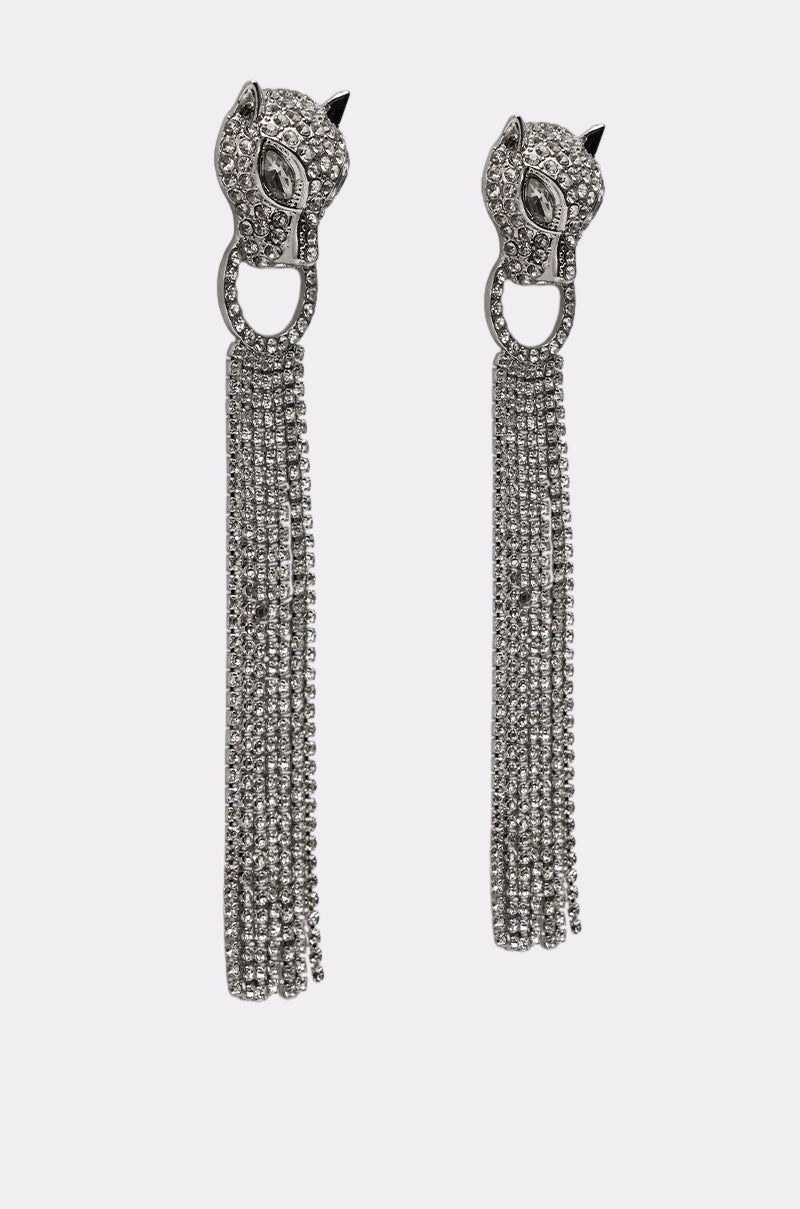 AT THE GALA EARRING: Cat-shaped earrings with clear rhinestones and long, multi-strand tassels adorned with sparkling crystals, displayed on a plain white background. 2
