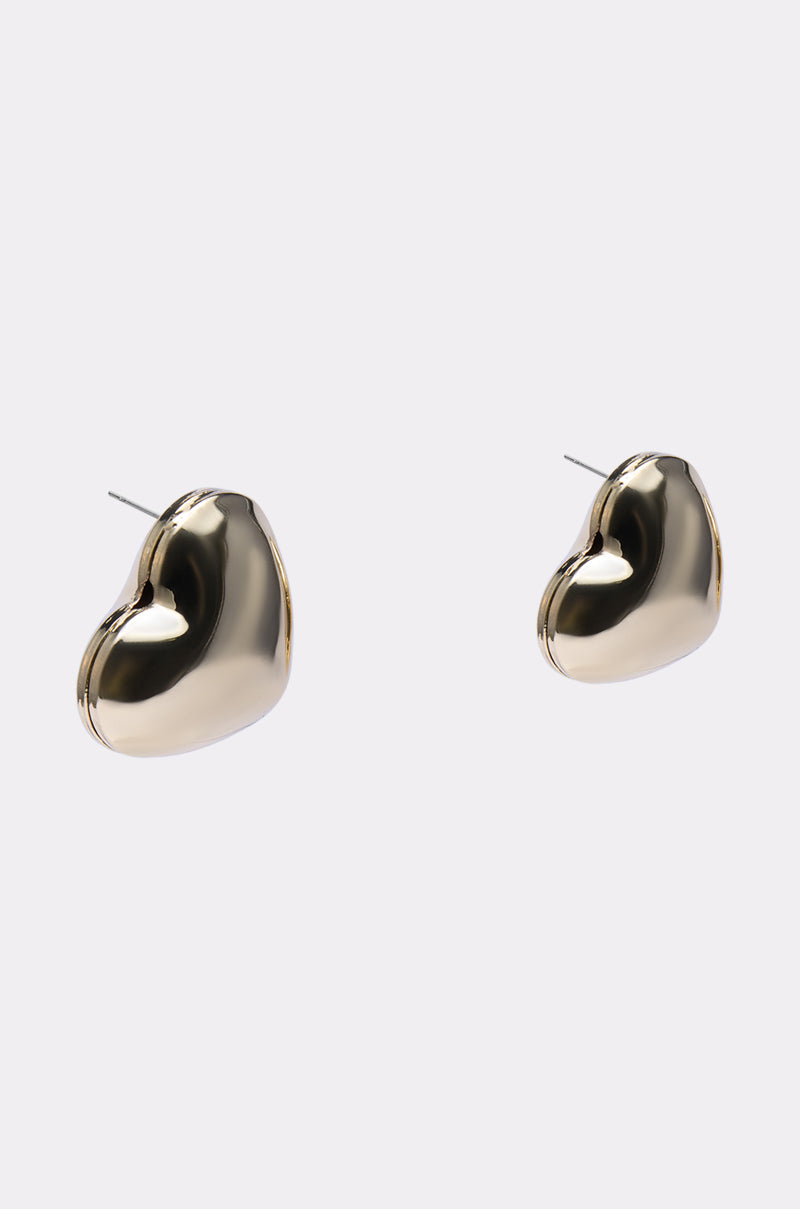 A pair of PUFFY HEART EARRING shiny gold heart-shaped studs displayed against a plain light gray background. 2