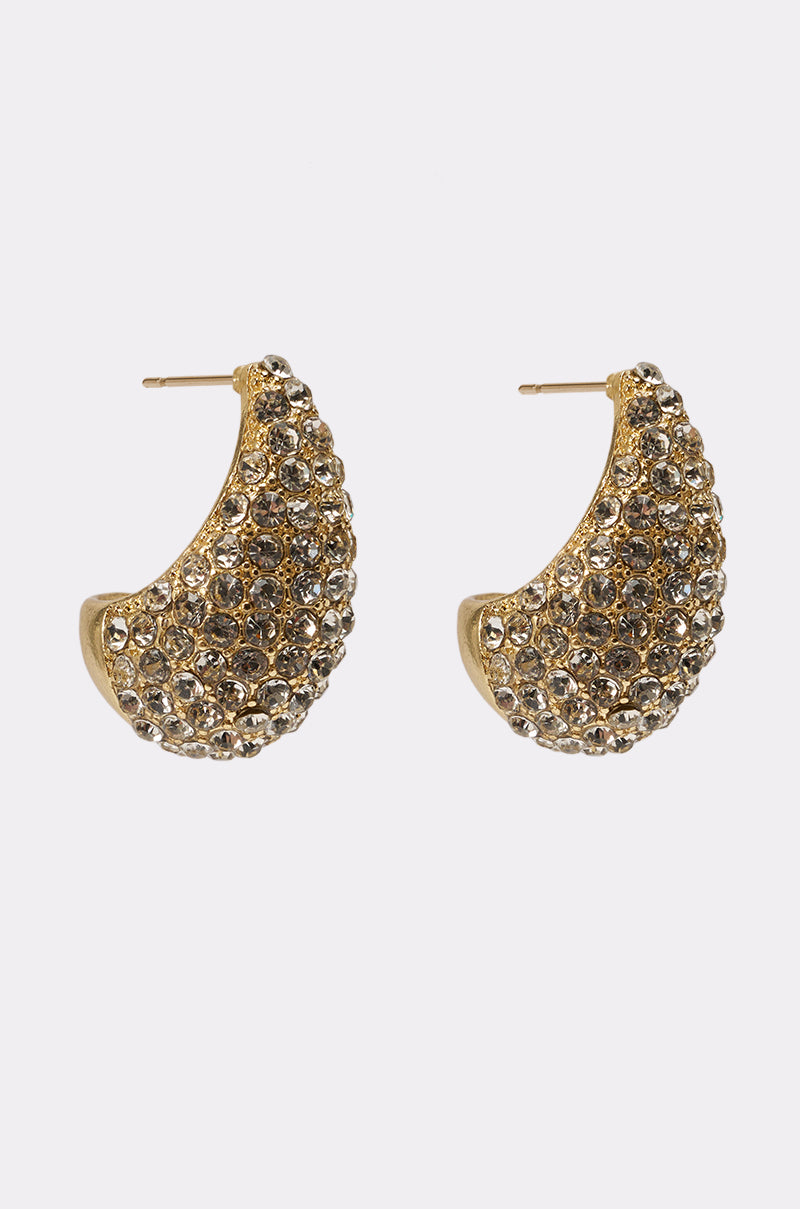 A pair of DROPS OF JUPITER EARRING, featuring crescent-shaped faux gold with sparkling round rhinestones, shown against a plain white background. 1