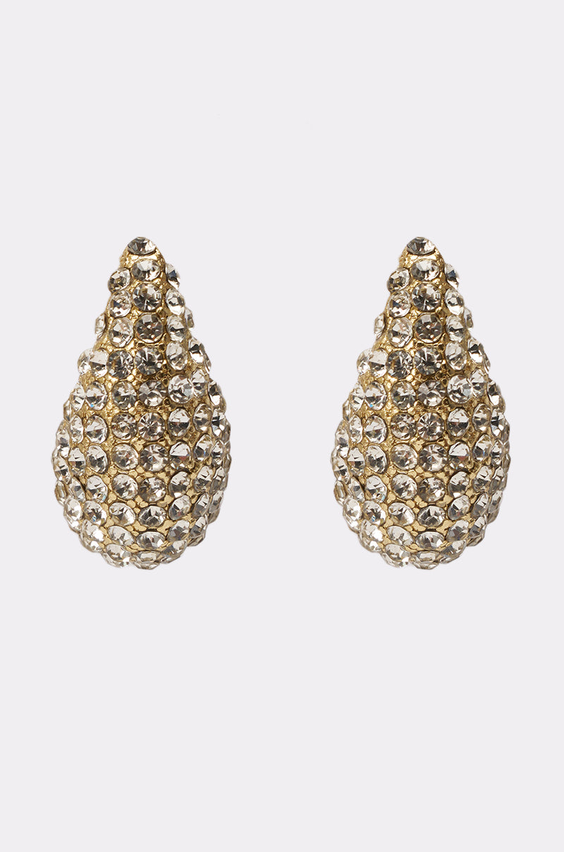 The DROPS OF JUPITER EARRING features gold, teardrop-shaped earrings encrusted with rows of sparkling rhinestones, shown against a plain white background. 2