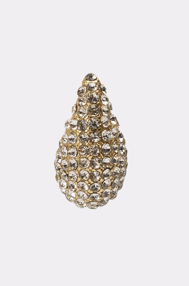 The DROPS OF JUPITER EARRING, featuring a teardrop shape adorned with sparkling gold-toned rhinestones, shines elegantly against a plain white background. 3