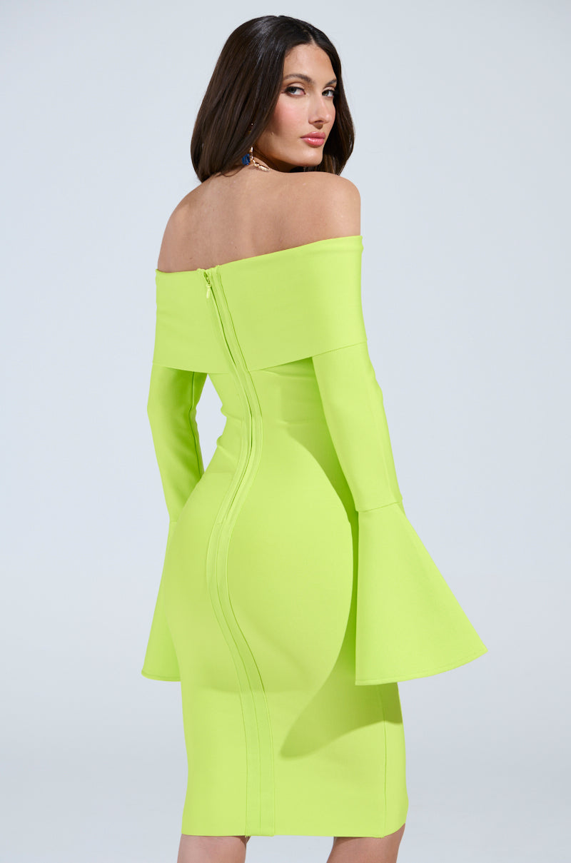 WORK OF ART BANDAGE MIDI DRESS IN LIME AKIRA WORK OF ART BANDAGE MIDI DRESS IN LIME AKIRA