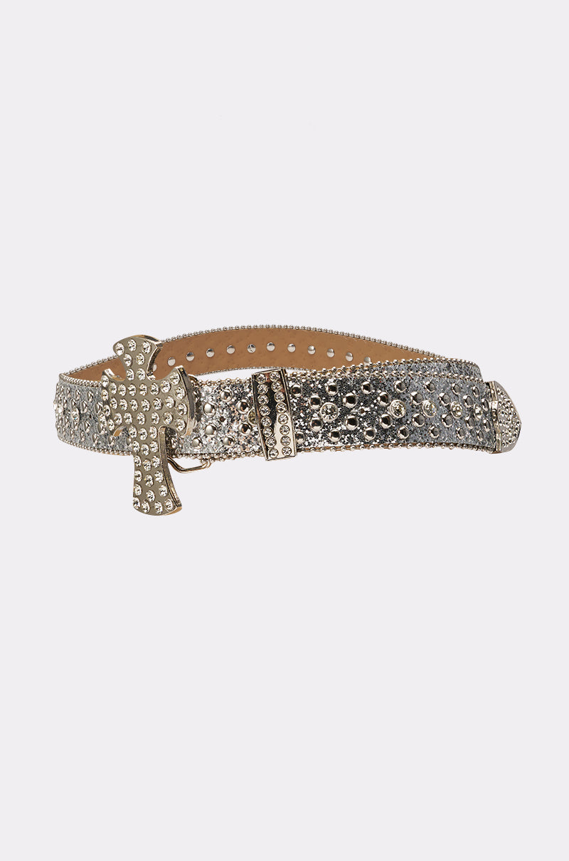 The IM BETTER BELT is a silver rhinestone western belt with a large matching rhinestone buckle, shown on a plain white background. 5