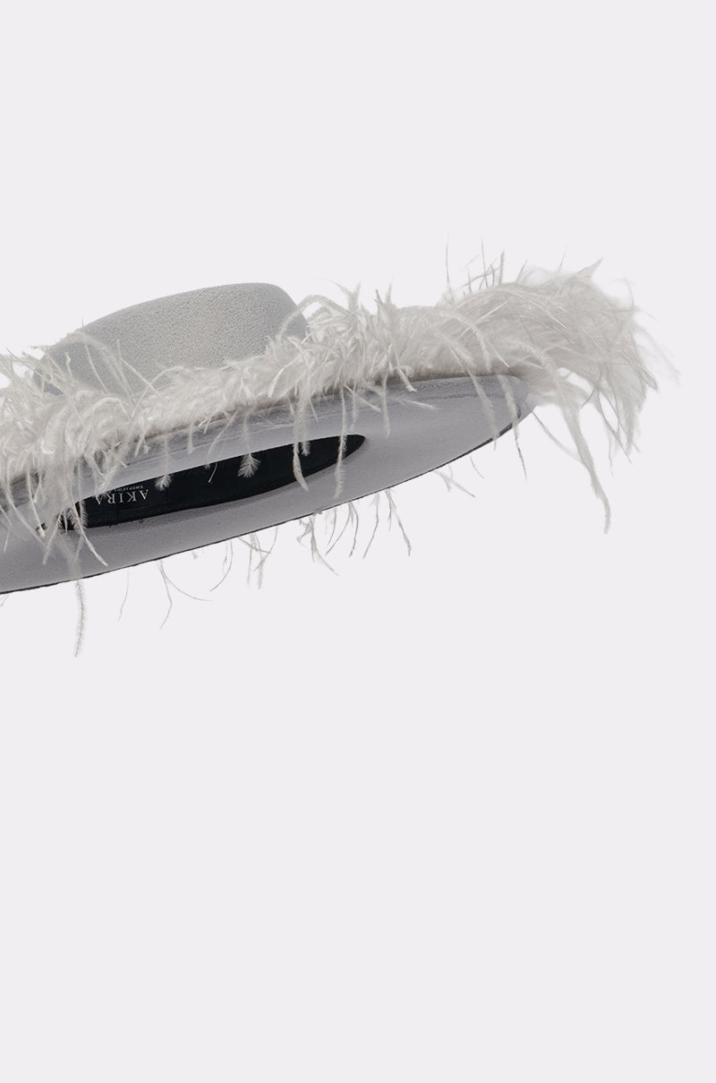 The FEEL IT FEATHER BRIM HAT features a light gray wide brim and feathery white trim, shown from below at an angle on a white background—an elegant western festival accessory for any occasion. 7