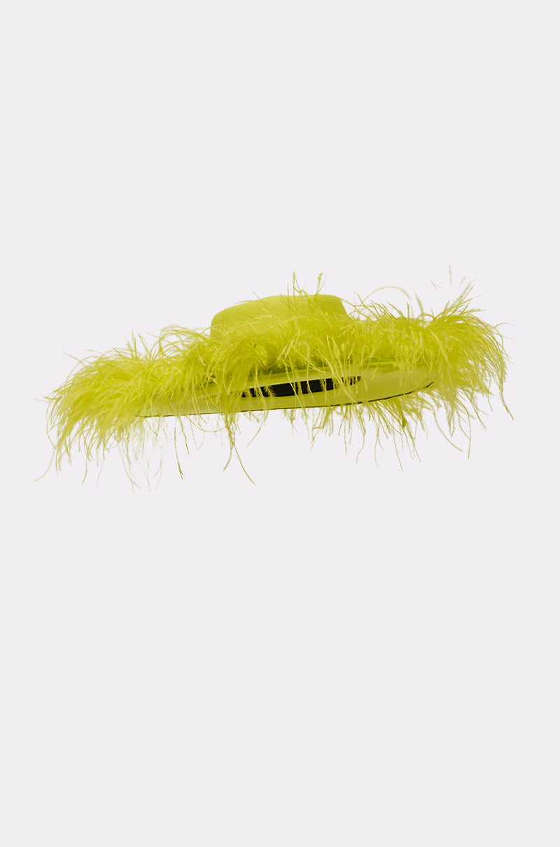 A vibrant green FEEL IT FEATHER BRIM HAT featuring a wide brim adorned with soft, wispy green feathers, set against a plain light background. 4