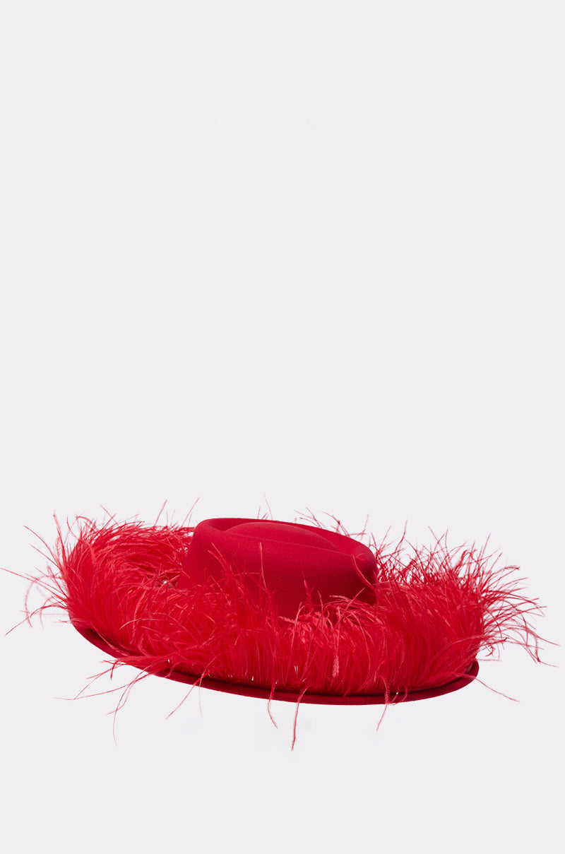 The LETS FLIRT FEATHER BRIM HAT features a vibrant red color and a wide brim adorned with matching feathers, set against a plain light background—a true statement piece for bold ensembles. 2