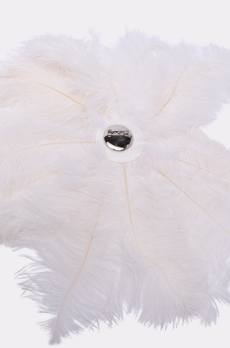 A close-up of the TREAT YOURSELF FEATHER BROOCH, featuring large, fluffy white feathers in a star-like pattern and a shiny silver gemstone center, set against a light background. 4