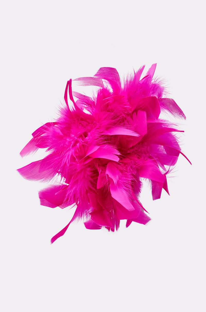 The AT BRUNCH FEATHER BROOCH features a cluster of vibrant hot pink feathers in a loose, round shape, displayed on a plain white background. 3