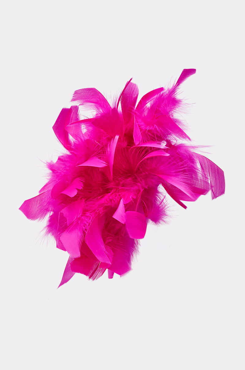 The AT BRUNCH FEATHER BROOCH features a cluster of vibrant pink feathers in assorted shapes and sizes, creating a bold fuchsia accessory displayed on a plain white background. 4