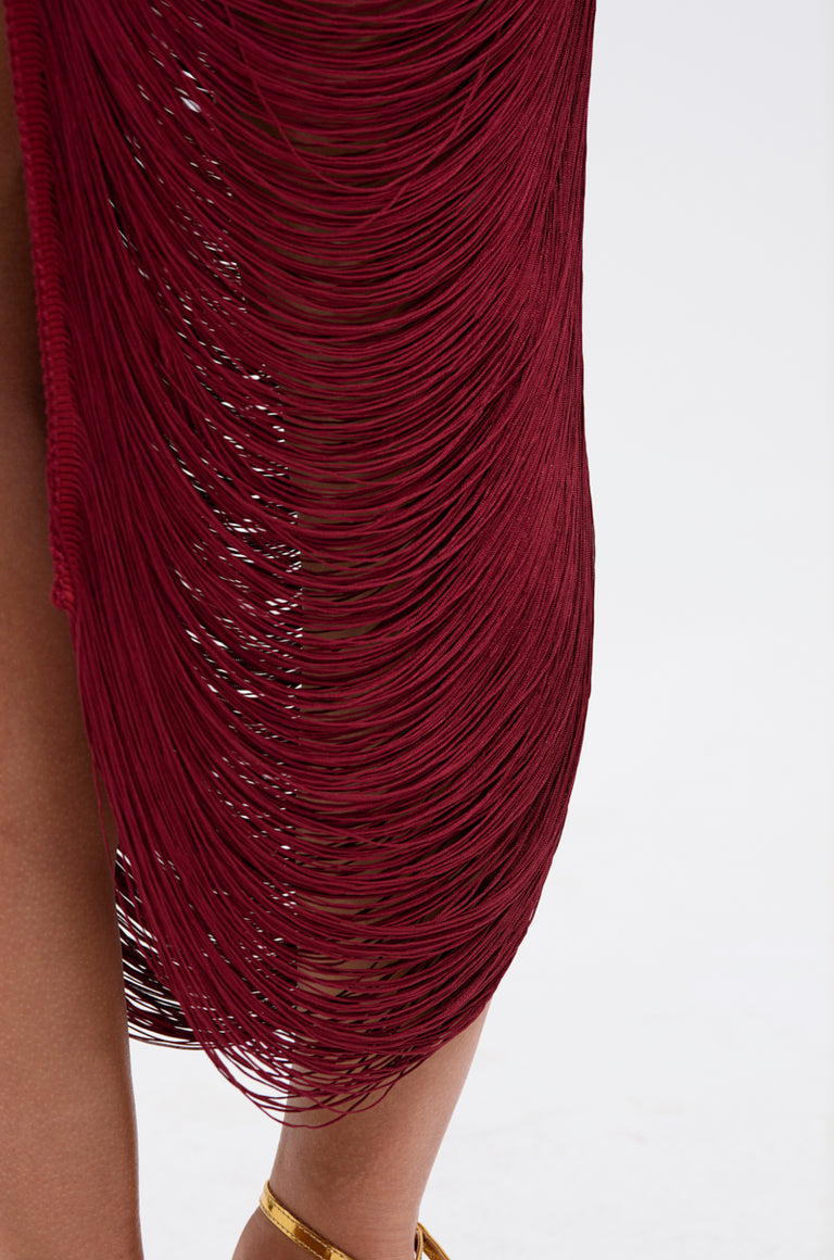 SOFIA FRINGE HIGH SLIT MIDI DRESS IN BURGUNDY – AKIRA