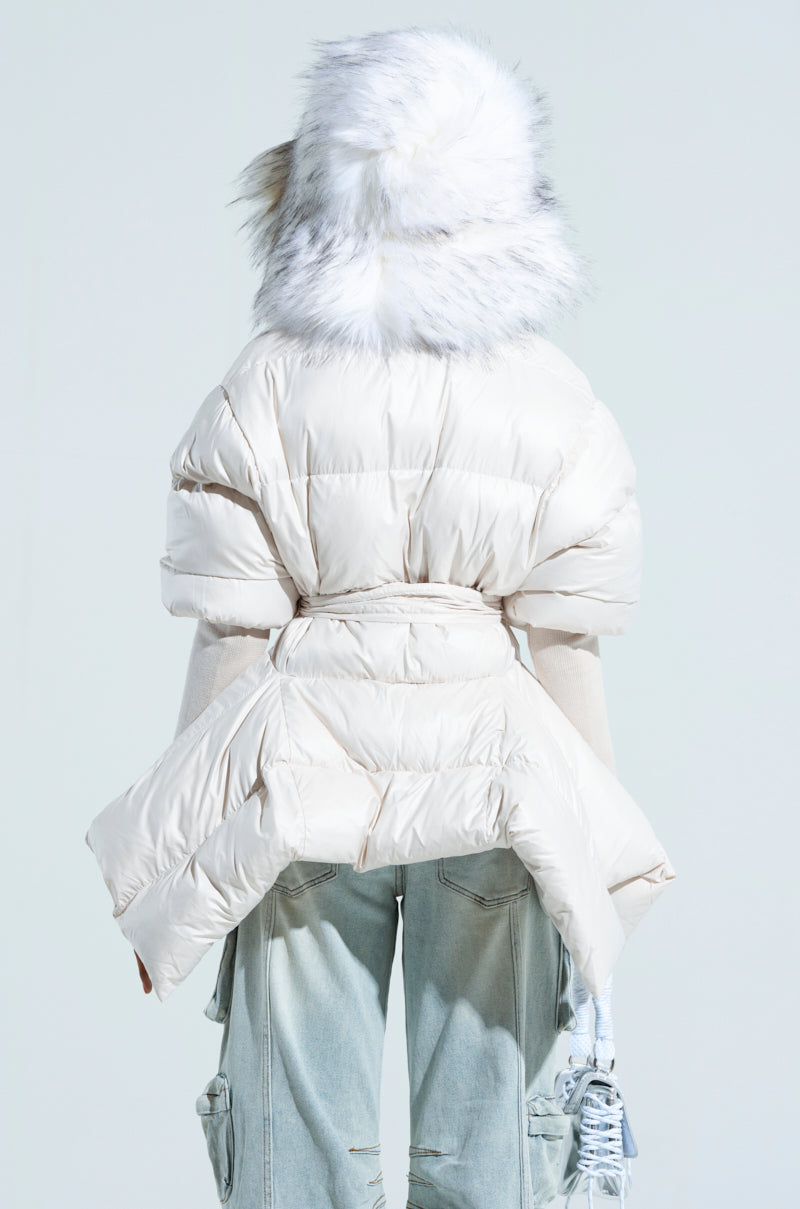 RIB SLEEVE PEPLUM PUFFER IN IVORY – AKIRA