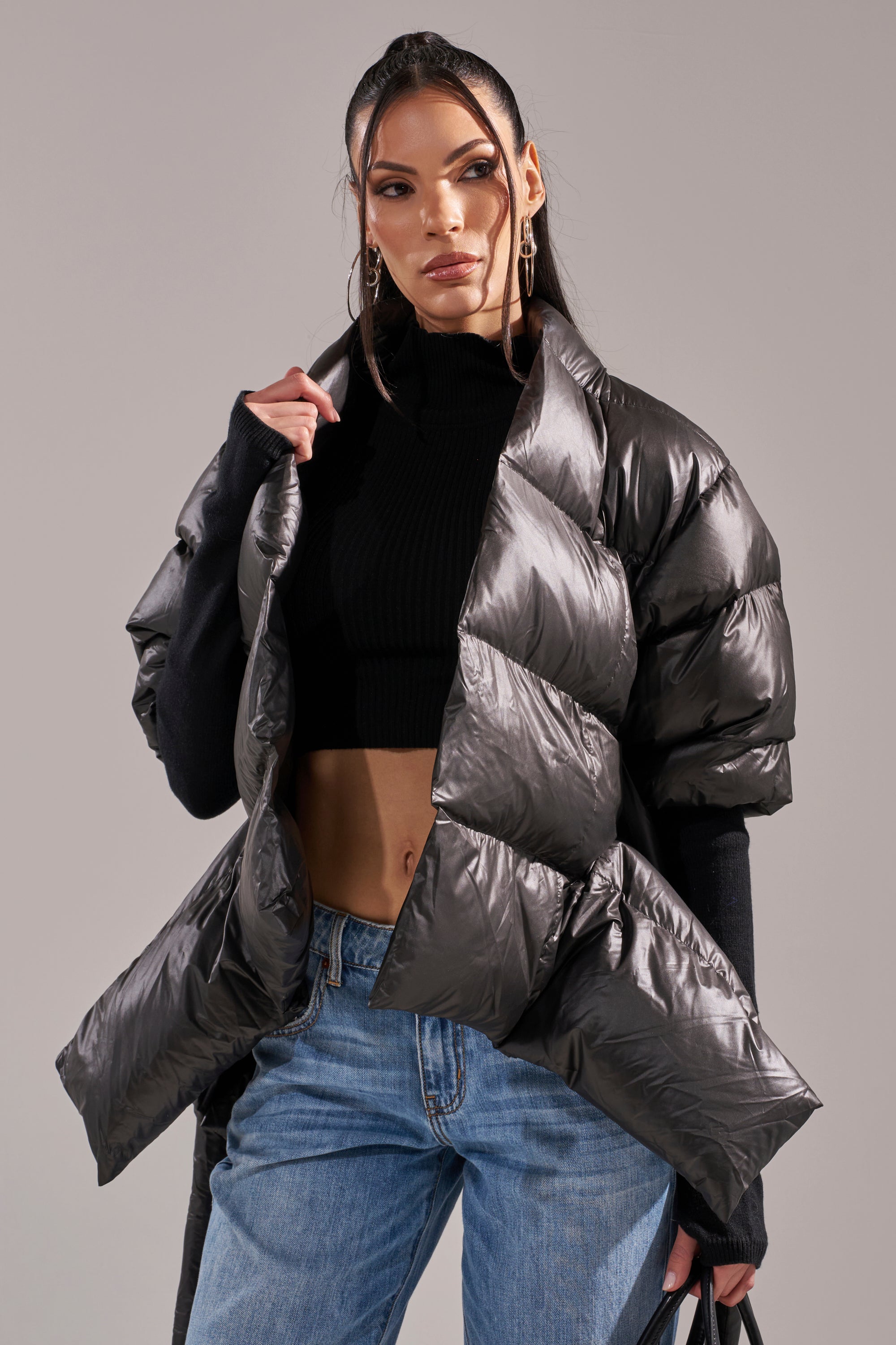 A STEP AHEAD LONG RIBBED SLEEVE PEPLUM PUFFER COAT – AKIRA
