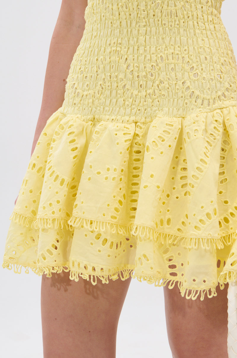 LET'S GO TO THE BEACH RUFFLE MINI DRESS IN YELLOW – AKIRA