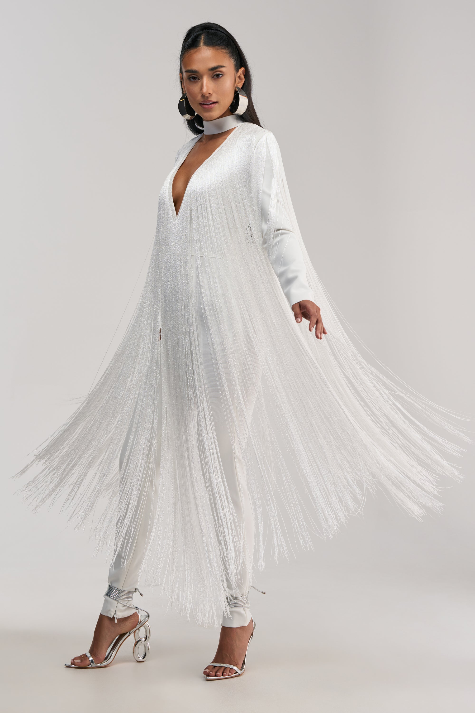 AKIRA Belle Bandage Jumpsuit With Fringe | White