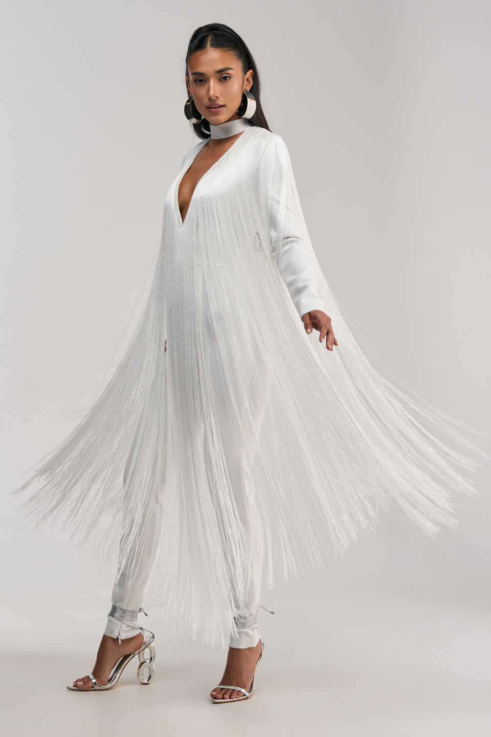 AKIRA Belle Bandage Jumpsuit With Fringe | White